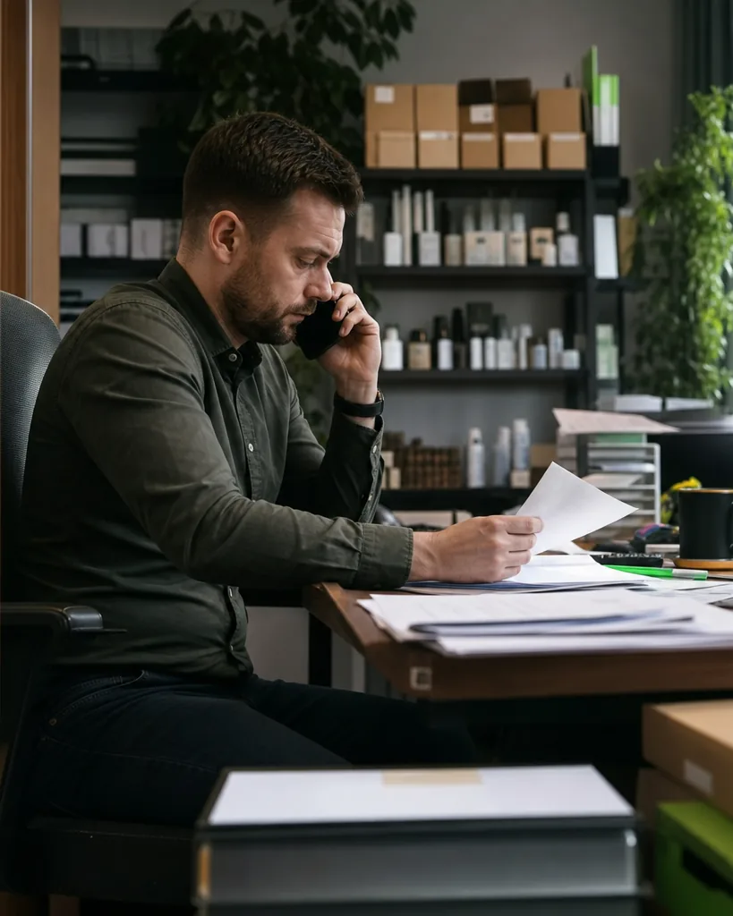 Handlowiec rozmawia przez telefon z klientem o przedpłacie